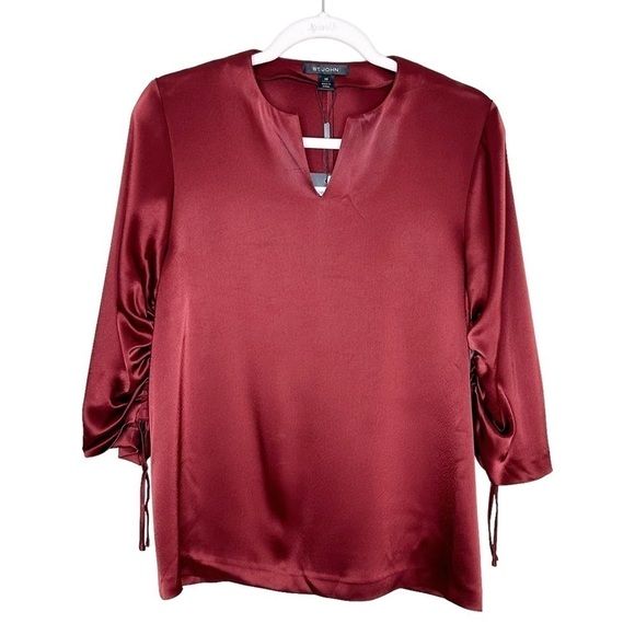 NWT St. John XS Oxblood Vneck 3/4 Ruched Blouse XS - Picture 1 of 6